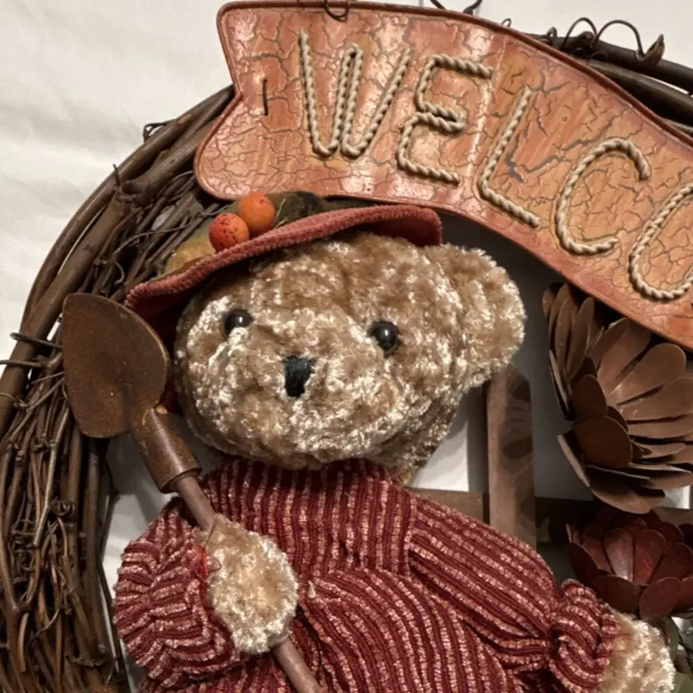 Plush Teddy Bear Artificial Flower Rustic Wood Vine Door Wreath Decoration 15x13